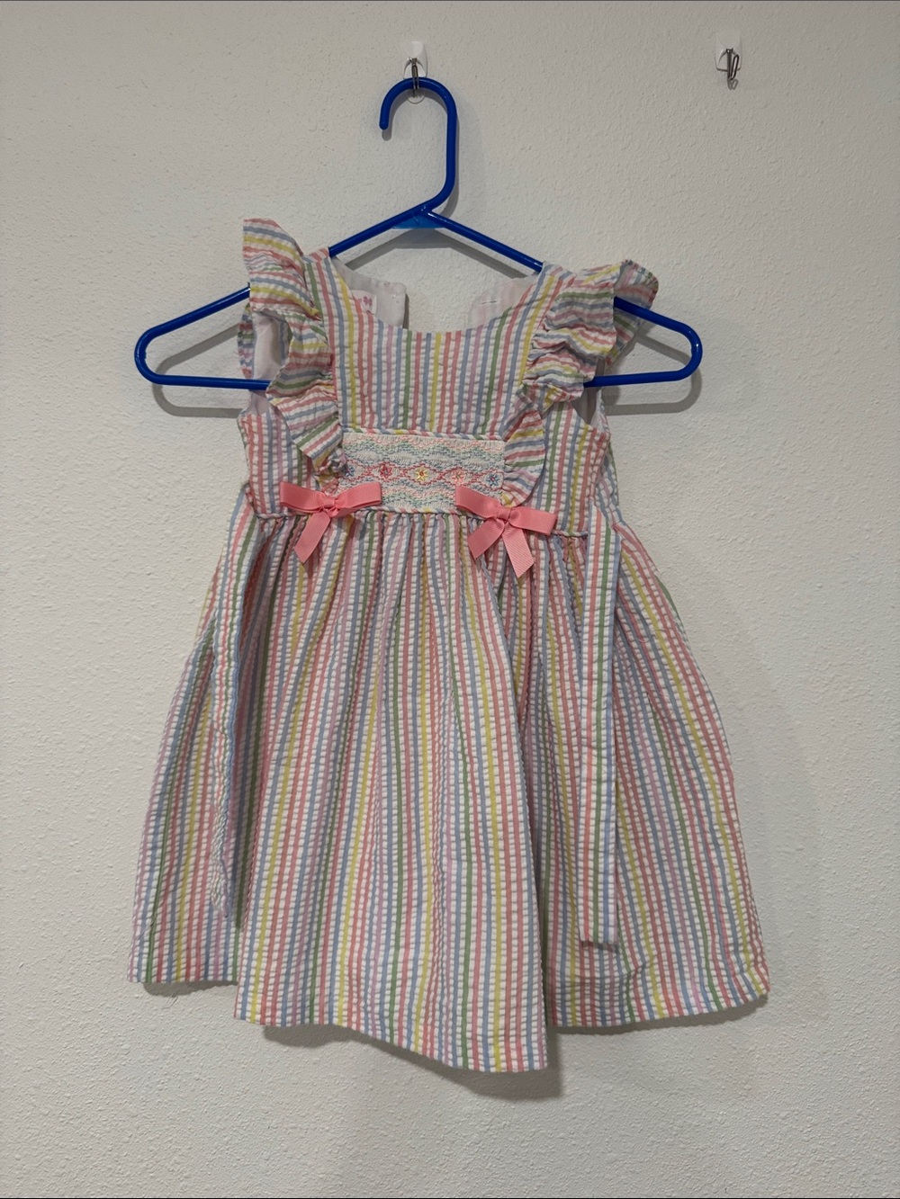 Bonnie Jean 4T Pastel Multi-Stripe Smocked Sleeveless Dress with Pink Bows